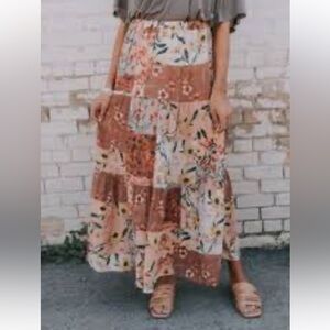Tahari Floral Patchwork Tiered Midi Skirt - Yellow & Peach Sz: XS